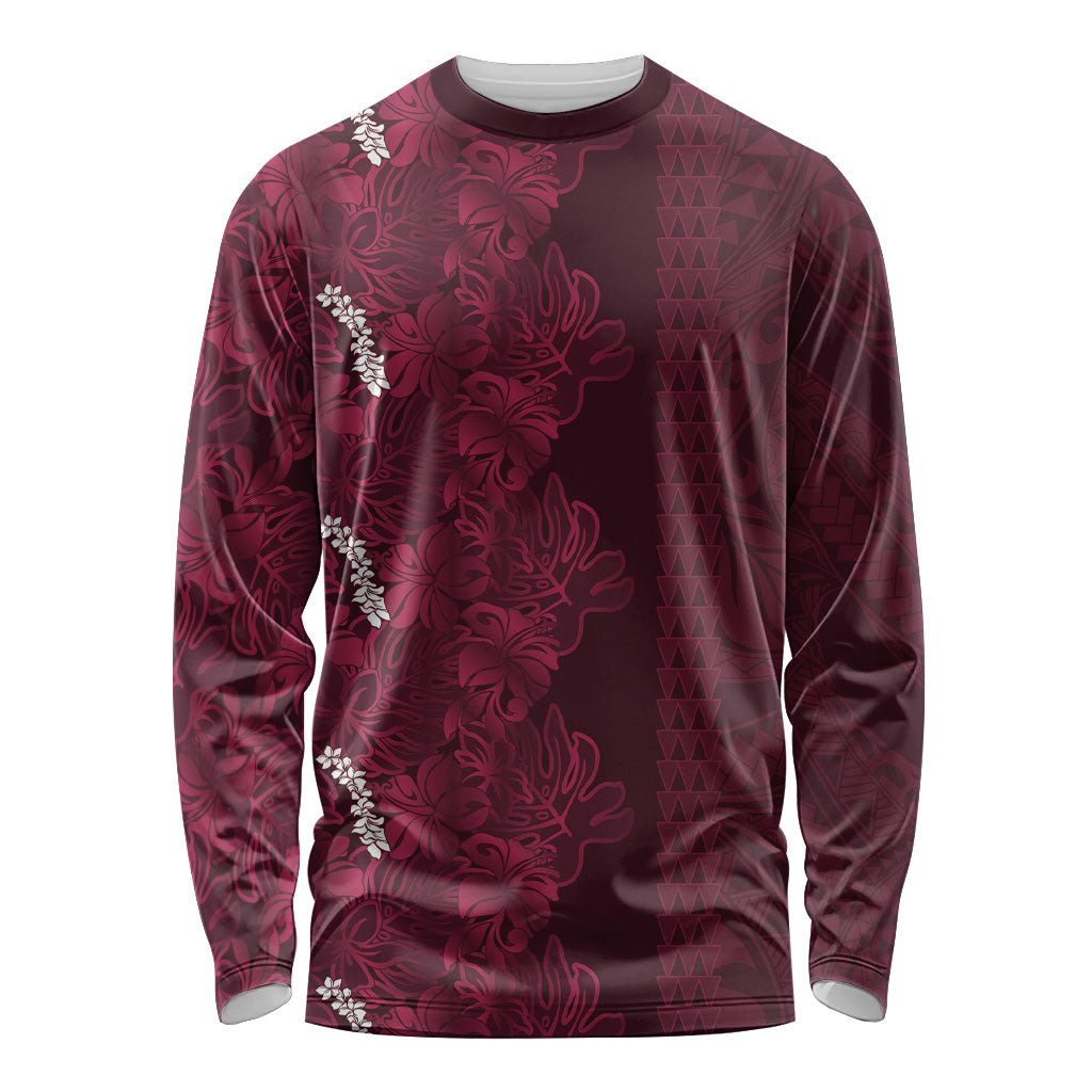 Burgundy Hibiscus Monstera Seamless Kakau Hawaii Long Sleeve Shirt