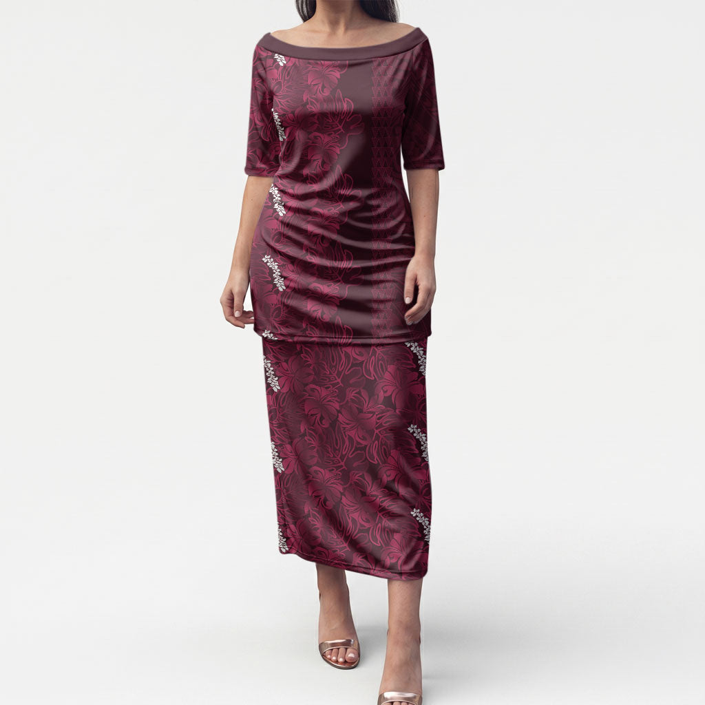 Burgundy Hibiscus Monstera Seamless Kakau Hawaii Puletasi LT14 Long Dress Burgundy - Polynesian Pride