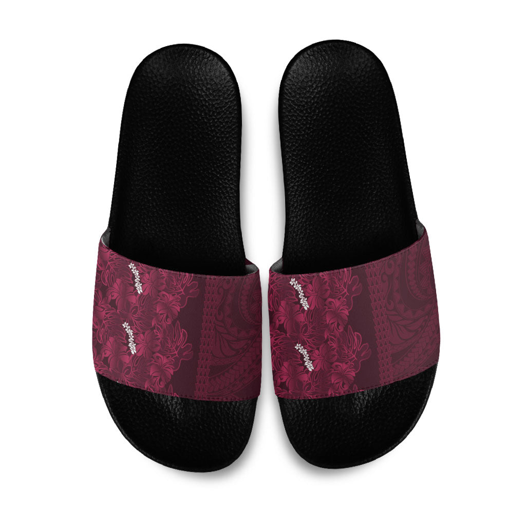 Burgundy Hibiscus Monstera Seamless Kakau Hawaii Slide Sandals LT14 Burgundy - Polynesian Pride