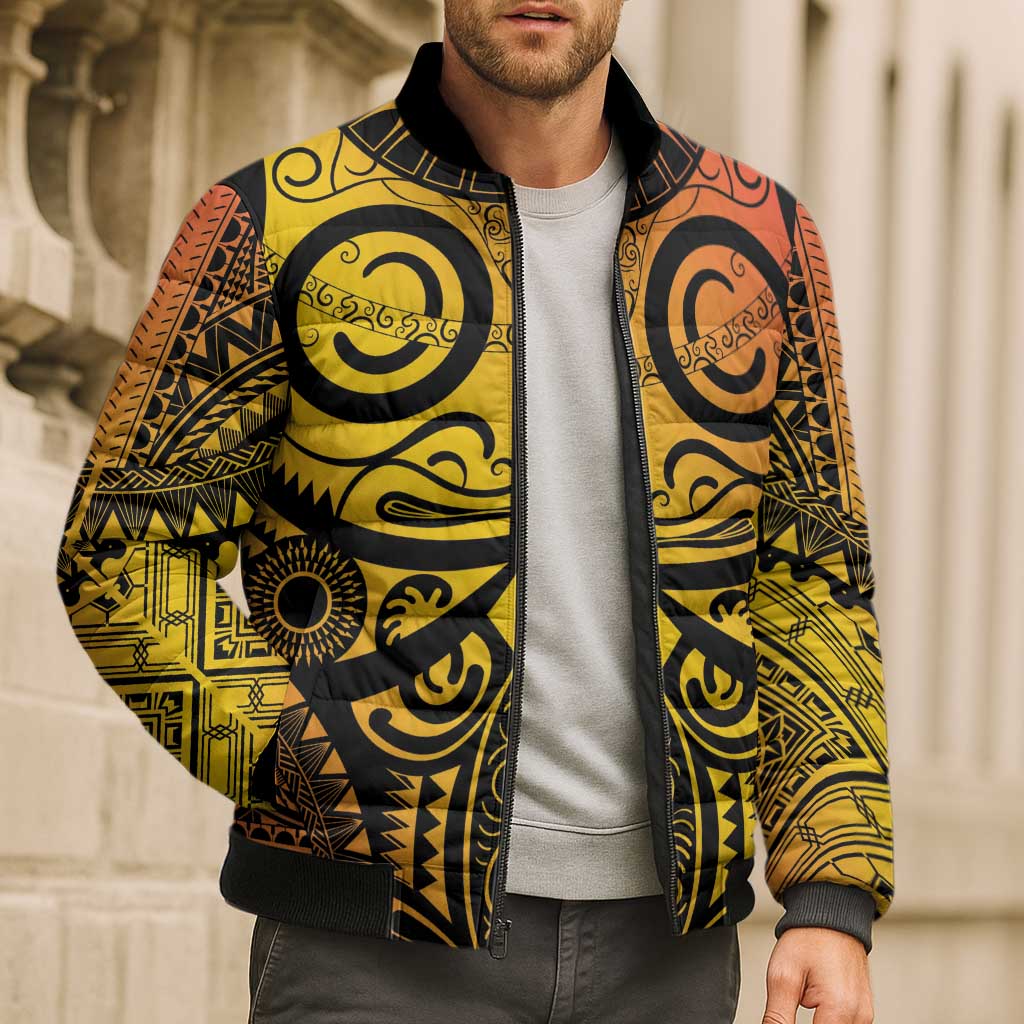 Marquesas Islands Bomber Puffer Jacket Marquesan Tattoo Yellow Gradient - Polynesian Pride