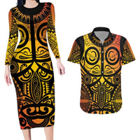 Marquesas Islands Couples Matching Long Sleeve Bodycon Dress and Hawaiian Shirt Marquesan Tattoo Yellow Gradient - Polynesian Pride