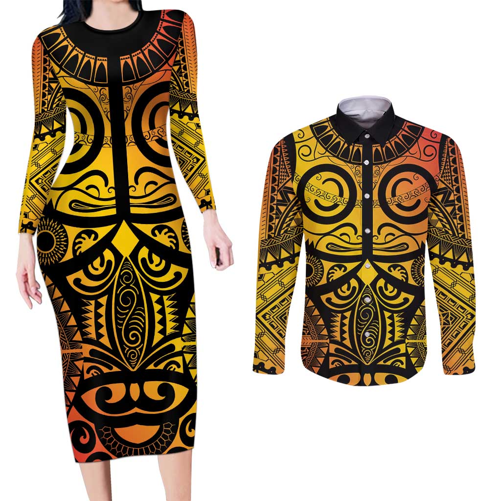 Marquesas Islands Couples Matching Long Sleeve Bodycon Dress and Long Sleeve Button Shirt Marquesan Tattoo Yellow Gradient - Polynesian Pride