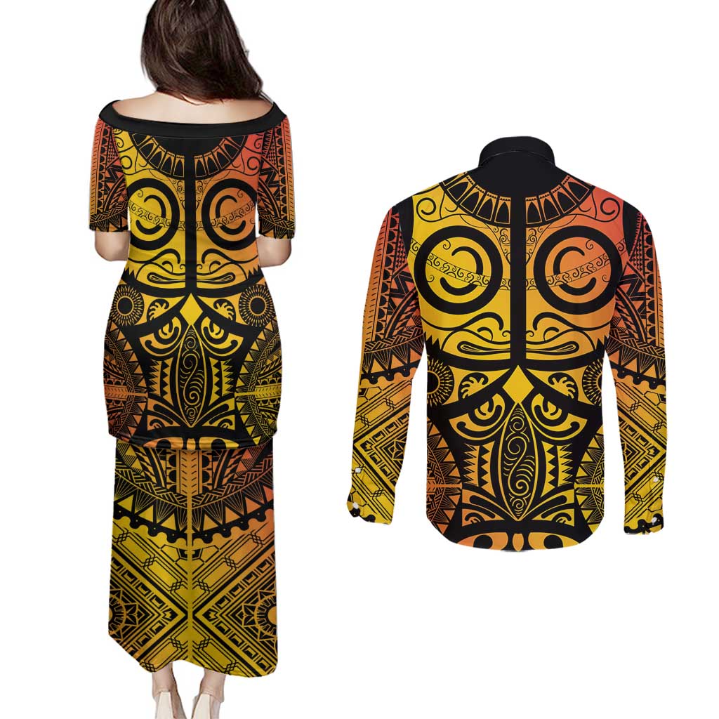 Marquesas Islands Couples Matching Puletasi and Long Sleeve Button Shirt Marquesan Tattoo Yellow Gradient - Polynesian Pride