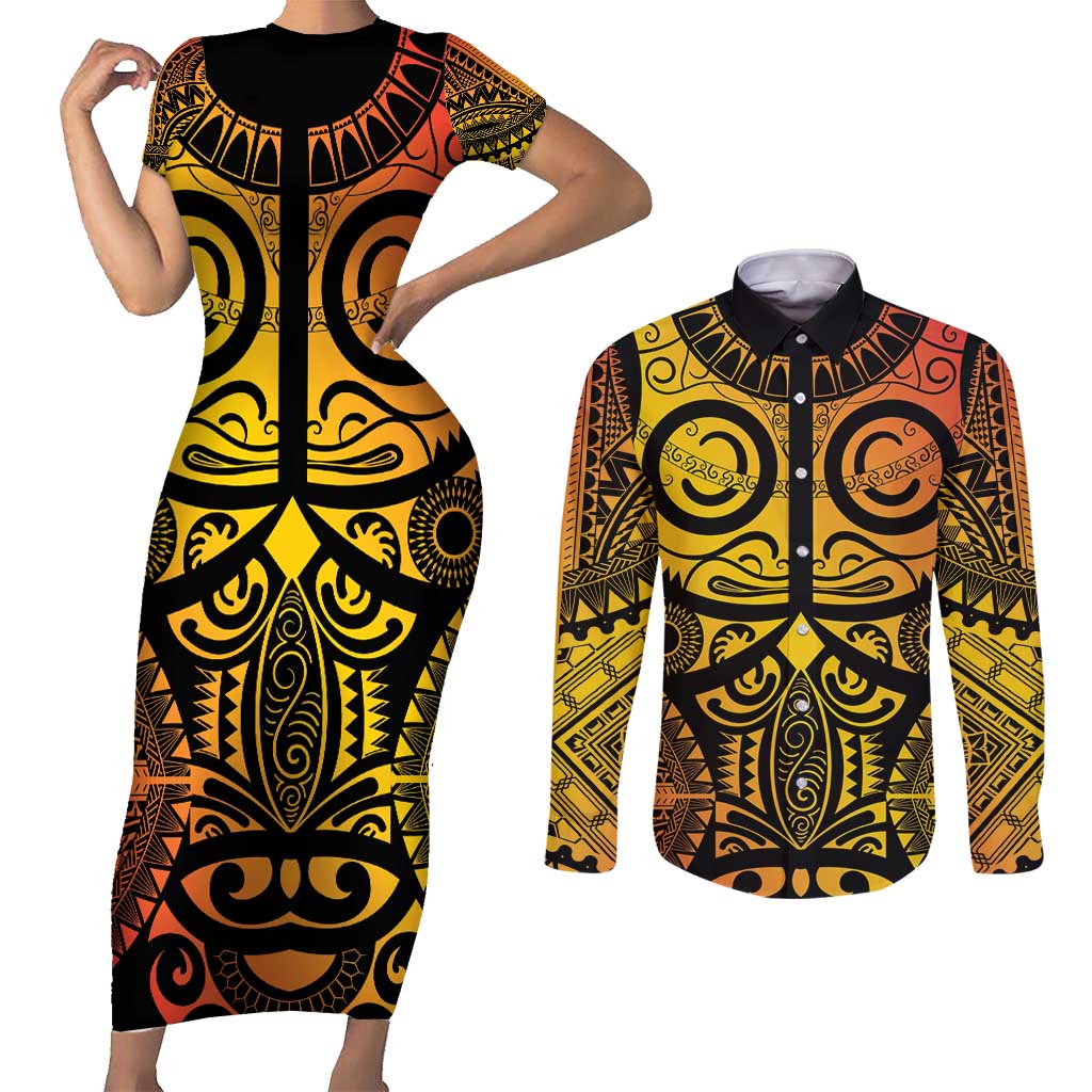 Marquesas Islands Couples Matching Short Sleeve Bodycon Dress and Long Sleeve Button Shirt Marquesan Tattoo Yellow Gradient - Polynesian Pride