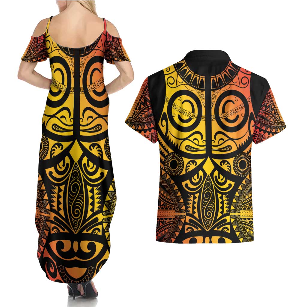 Marquesas Islands Couples Matching Summer Maxi Dress and Hawaiian Shirt Marquesan Tattoo Yellow Gradient - Polynesian Pride
