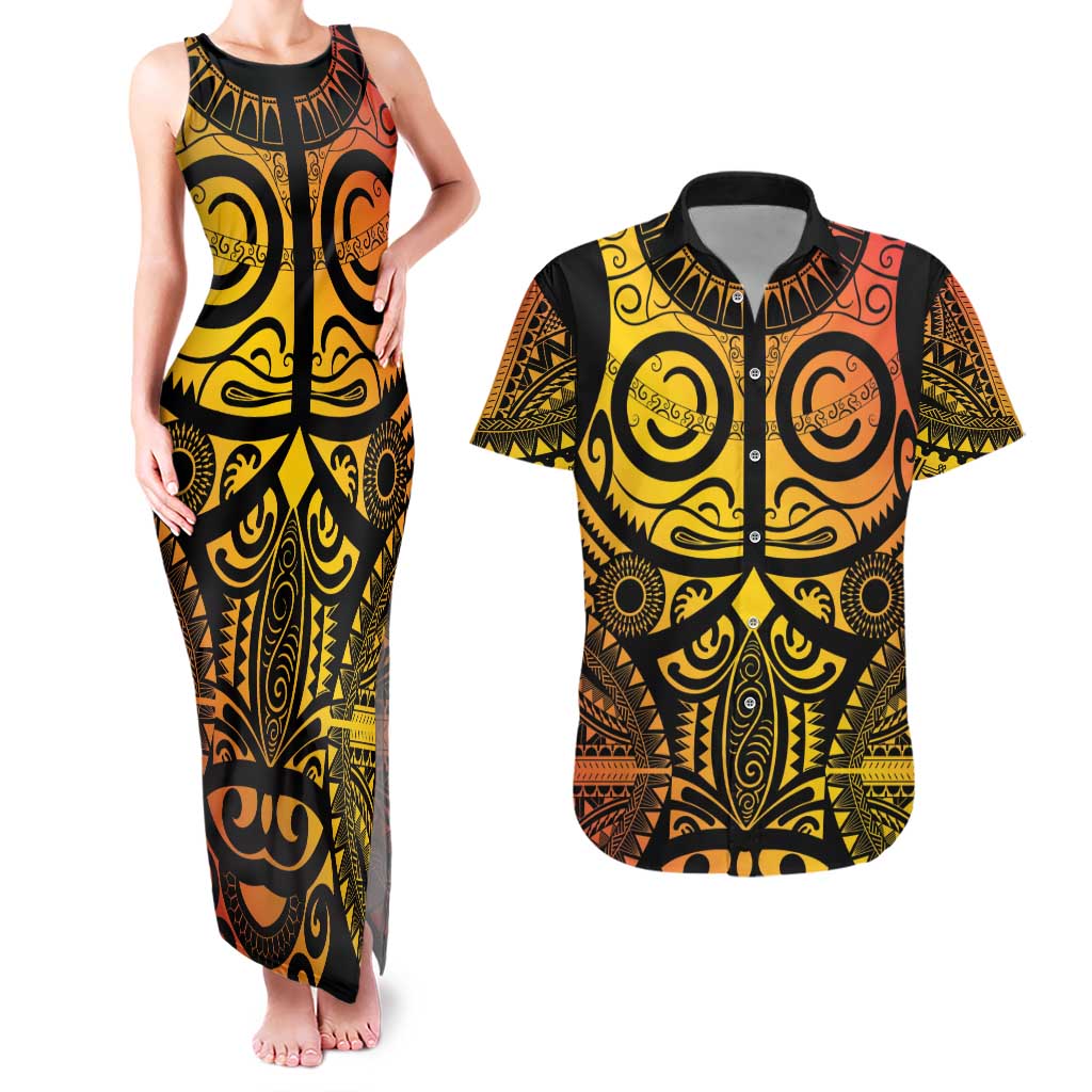Marquesas Islands Couples Matching Tank Maxi Dress and Hawaiian Shirt Marquesan Tattoo Yellow Gradient - Polynesian Pride