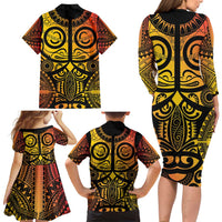 Marquesas Islands Family Matching Long Sleeve Bodycon Dress and Hawaiian Shirt Marquesan Tattoo Yellow Gradient - Polynesian Pride