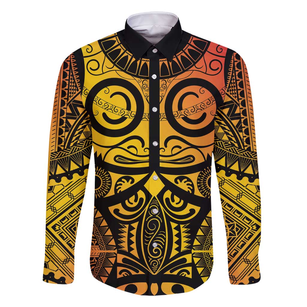 Marquesas Islands Family Matching Mermaid Dress and Hawaiian Shirt Marquesan Tattoo Yellow Gradient LT14 Dad's Shirt - Long Sleeve Yellow - Polynesian Pride