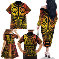 Marquesas Islands Family Matching Off The Shoulder Long Sleeve Dress and Hawaiian Shirt Marquesan Tattoo Yellow Gradient - Polynesian Pride