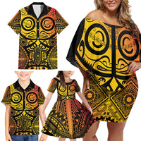 Marquesas Islands Family Matching Off Shoulder Short Dress and Hawaiian Shirt Marquesan Tattoo Yellow Gradient - Polynesian Pride