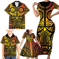 Marquesas Islands Family Matching Short Sleeve Bodycon Dress and Hawaiian Shirt Marquesan Tattoo Yellow Gradient - Polynesian Pride