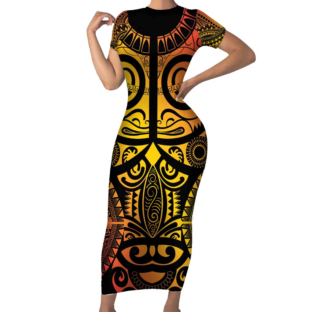 Marquesas Islands Family Matching Short Sleeve Bodycon Dress and Hawaiian Shirt Marquesan Tattoo Yellow Gradient - Polynesian Pride