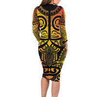 Marquesas Islands Long Sleeve Bodycon Dress Marquesan Tattoo Yellow Gradient - Polynesian Pride
