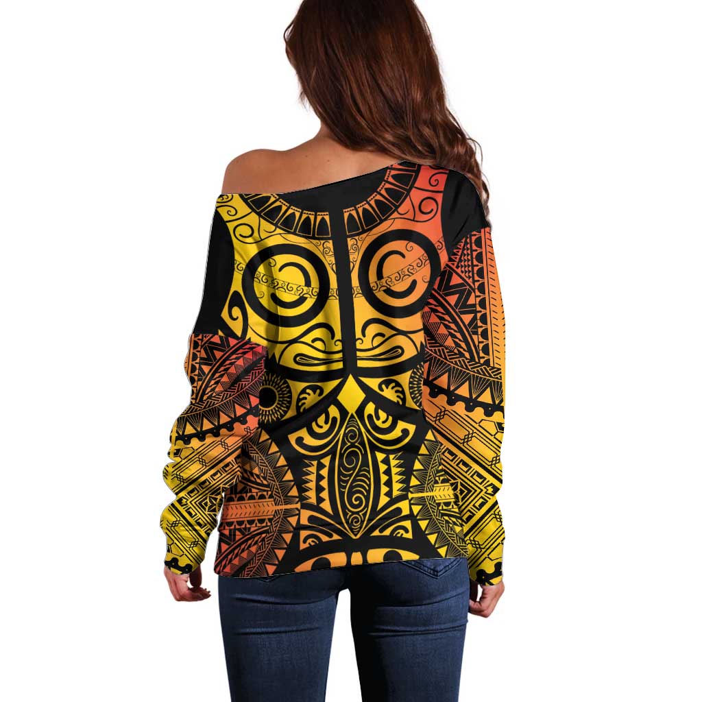 Marquesas Islands Off Shoulder Sweater Marquesan Tattoo Yellow Gradient - Polynesian Pride