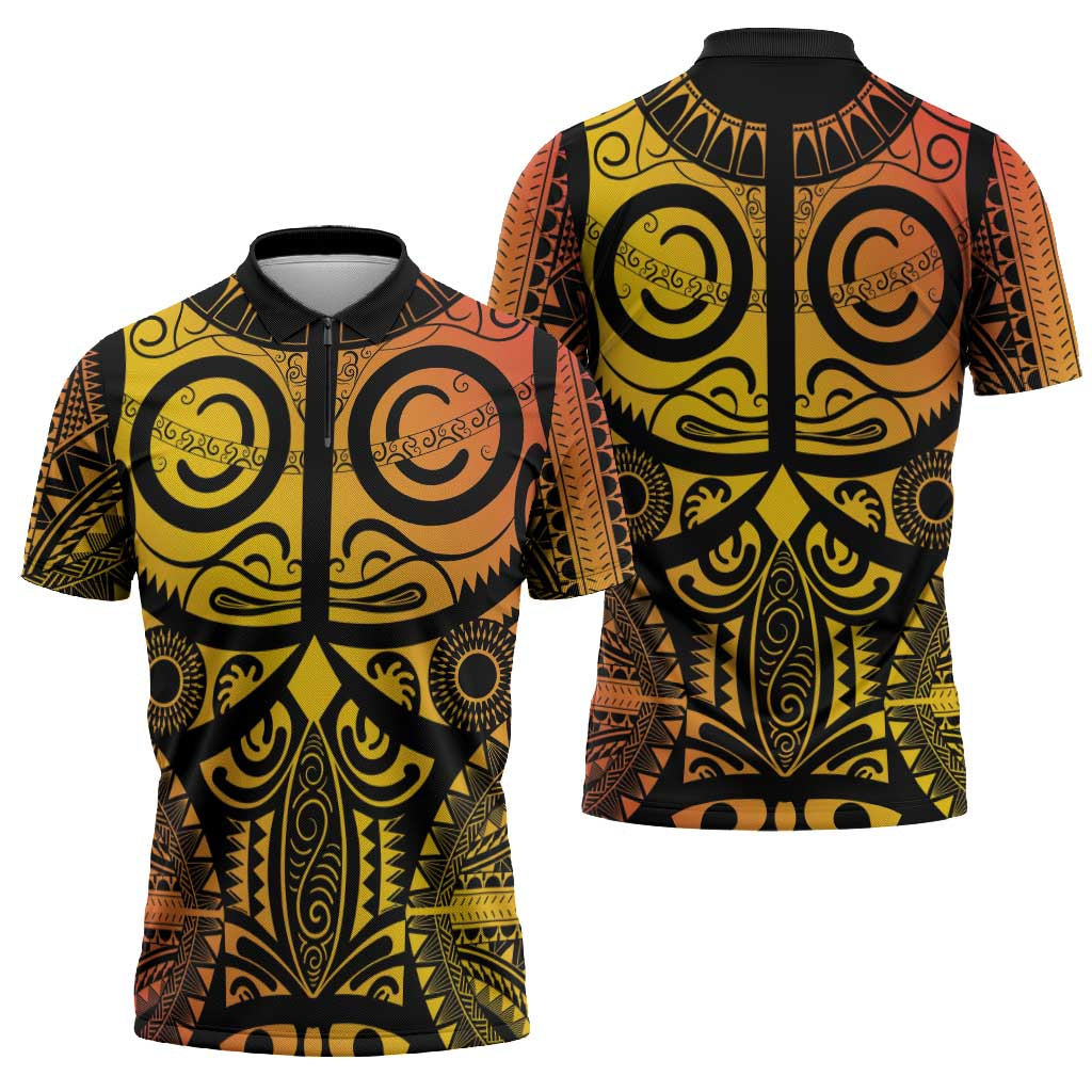 Marquesas Islands Zipper Polo Shirt Marquesan Tattoo Yellow Gradient - Polynesian Pride