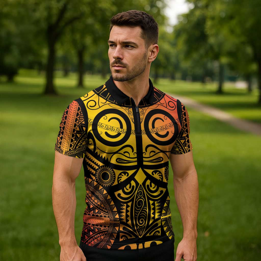 Marquesas Islands Zipper Polo Shirt Marquesan Tattoo Yellow Gradient - Polynesian Pride