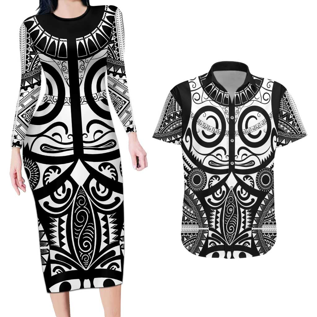 Marquesas Islands Couples Matching Long Sleeve Bodycon Dress and Hawaiian Shirt Marquesan Tattoo Black White Color - Polynesian Pride