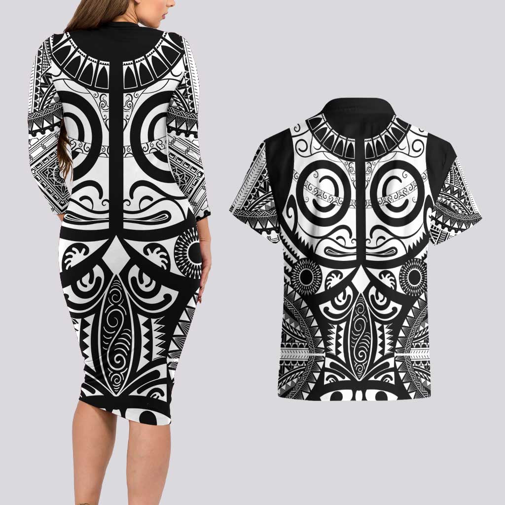 Marquesas Islands Couples Matching Long Sleeve Bodycon Dress and Hawaiian Shirt Marquesan Tattoo Black White Color - Polynesian Pride