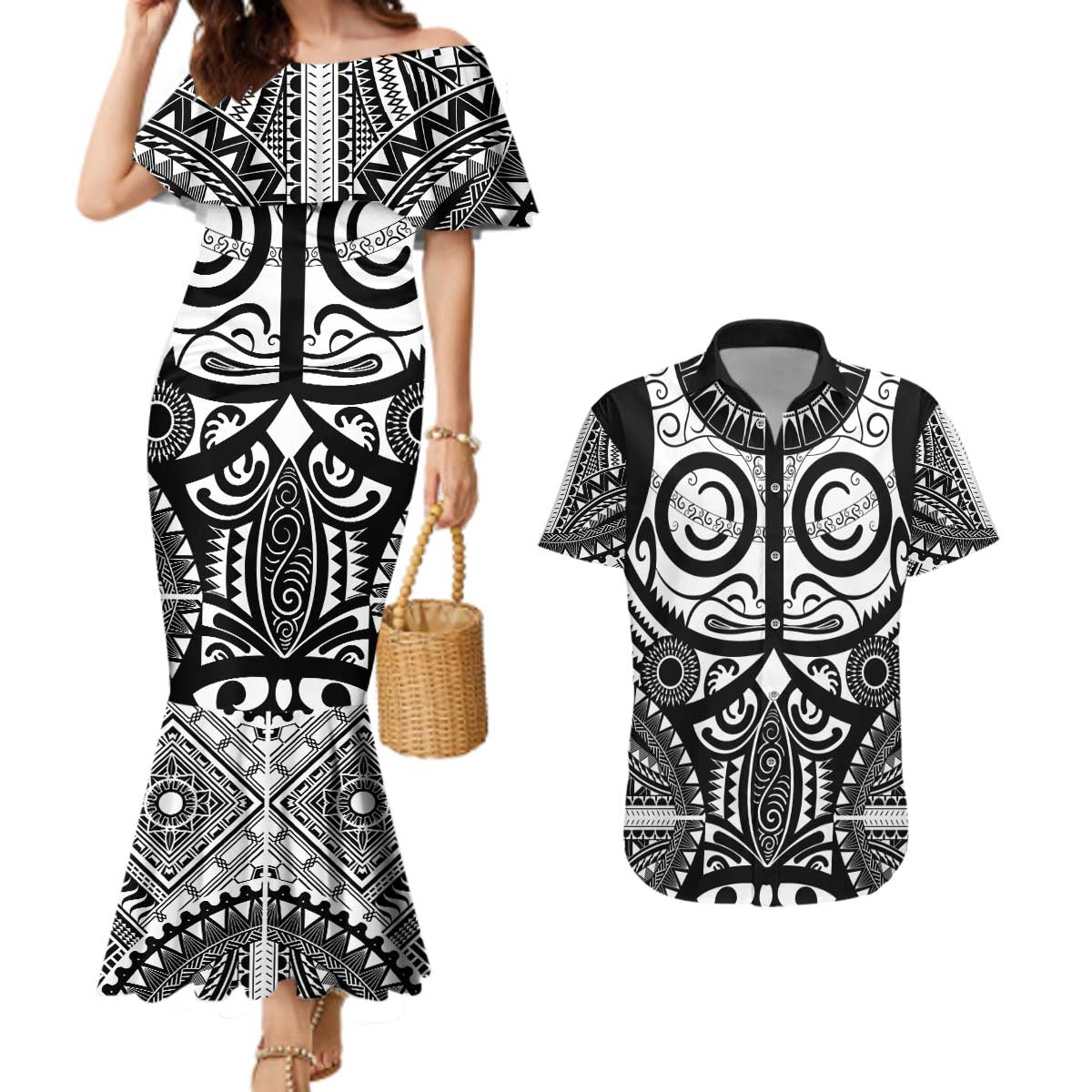 Marquesas Islands Couples Matching Mermaid Dress and Hawaiian Shirt Marquesan Tattoo Black White Color - Polynesian Pride