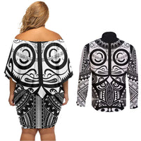 Marquesas Islands Couples Matching Off Shoulder Short Dress and Long Sleeve Button Shirt Marquesan Tattoo Black White Color - Polynesian Pride