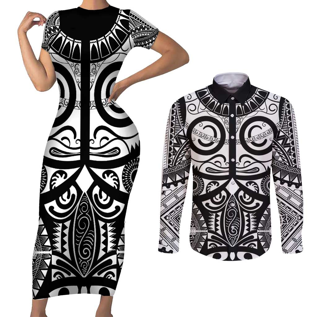 Marquesas Islands Couples Matching Short Sleeve Bodycon Dress and Long Sleeve Button Shirt Marquesan Tattoo Black White Color - Polynesian Pride