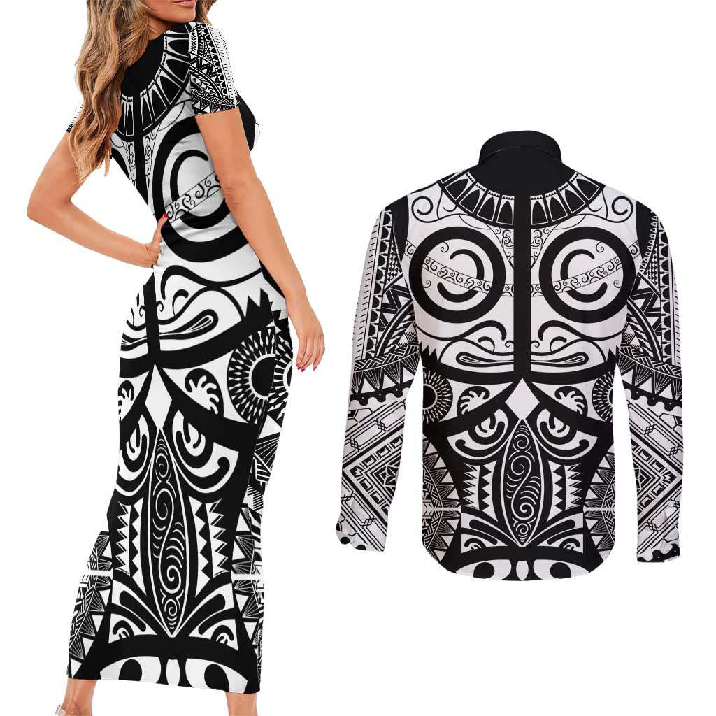 Marquesas Islands Couples Matching Short Sleeve Bodycon Dress and Long Sleeve Button Shirt Marquesan Tattoo Black White Color - Polynesian Pride