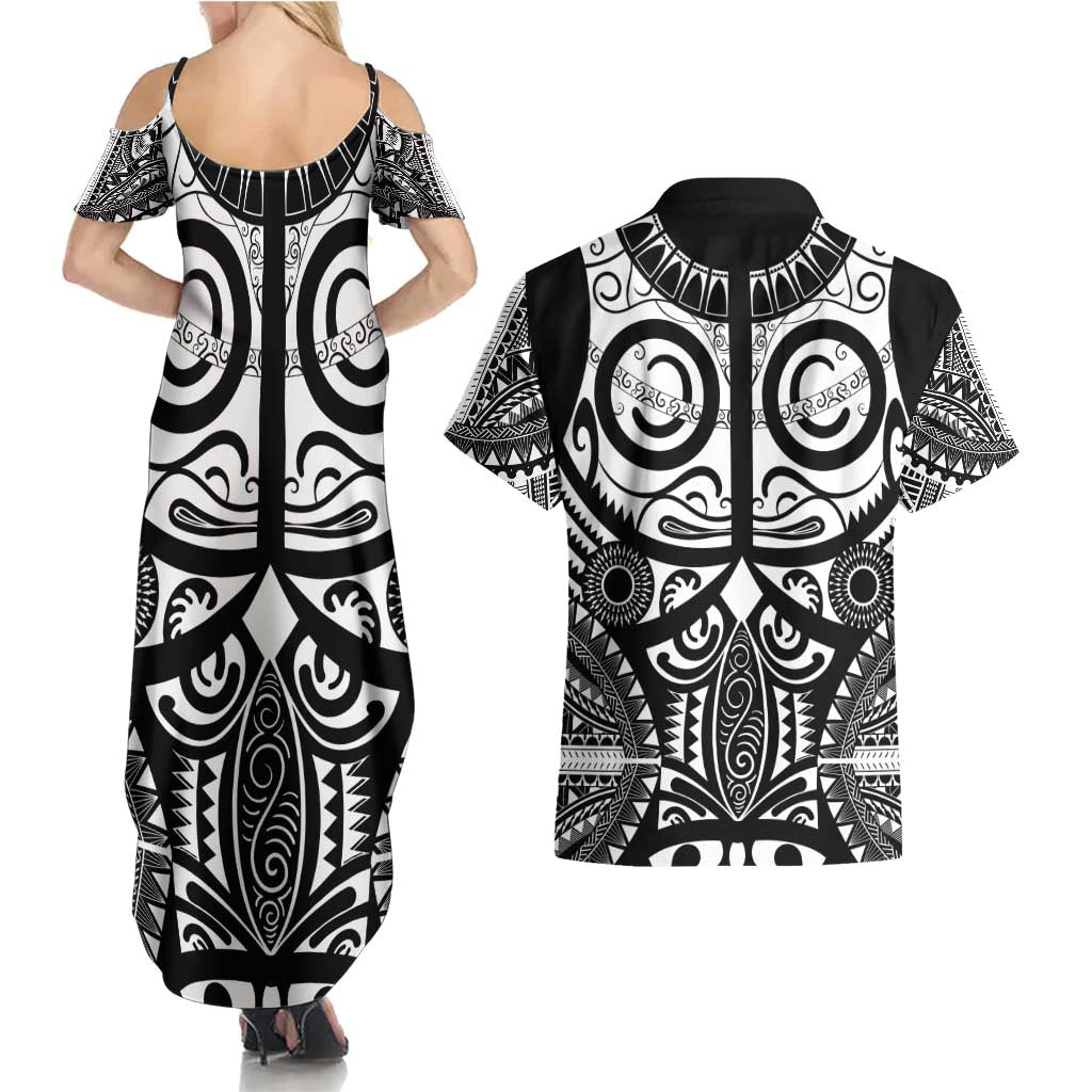 Marquesas Islands Couples Matching Summer Maxi Dress and Hawaiian Shirt Marquesan Tattoo Black White Color - Polynesian Pride