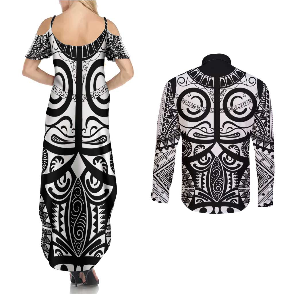 Marquesas Islands Couples Matching Summer Maxi Dress and Long Sleeve Button Shirt Marquesan Tattoo Black White Color - Polynesian Pride
