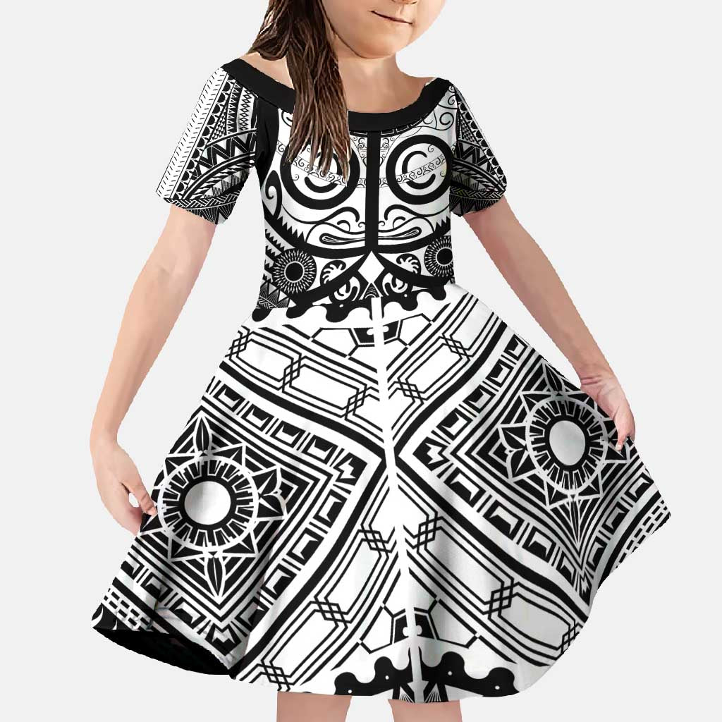 Marquesas Islands Family Matching Long Sleeve Bodycon Dress and Hawaiian Shirt Marquesan Tattoo Black White Color - Polynesian Pride