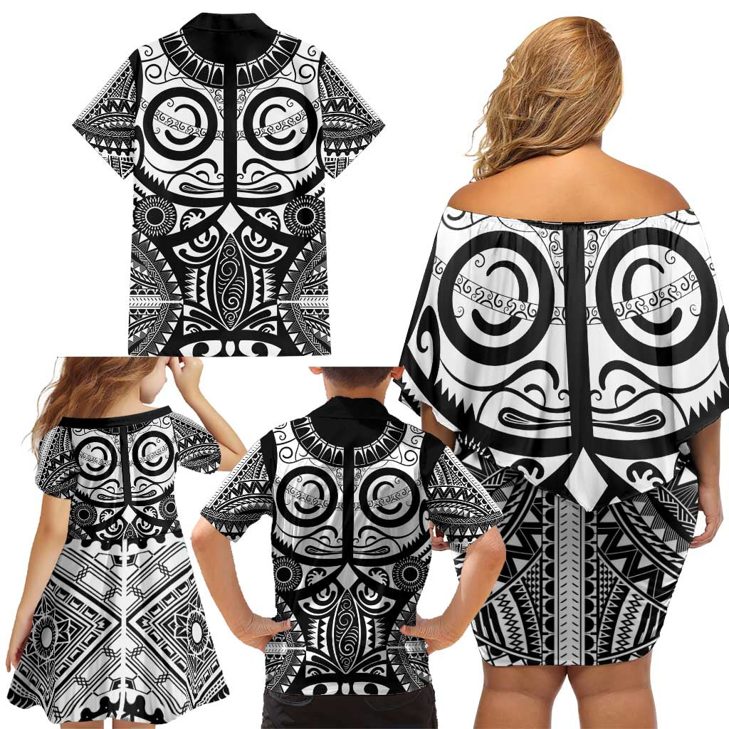 Marquesas Islands Family Matching Off Shoulder Short Dress and Hawaiian Shirt Marquesan Tattoo Black White Color - Polynesian Pride