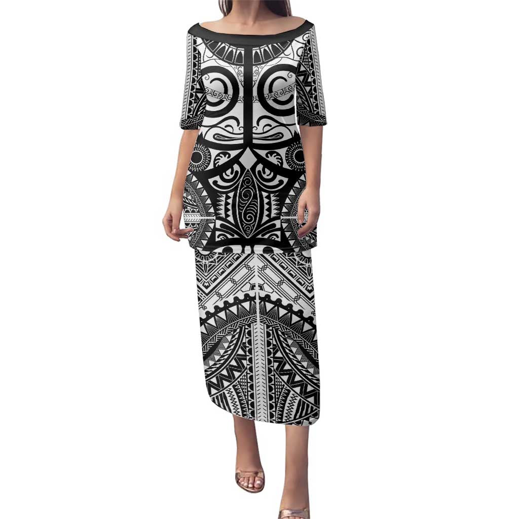 Marquesas Islands Family Matching Puletasi and Hawaiian Shirt Marquesan Tattoo Black White Color - Polynesian Pride