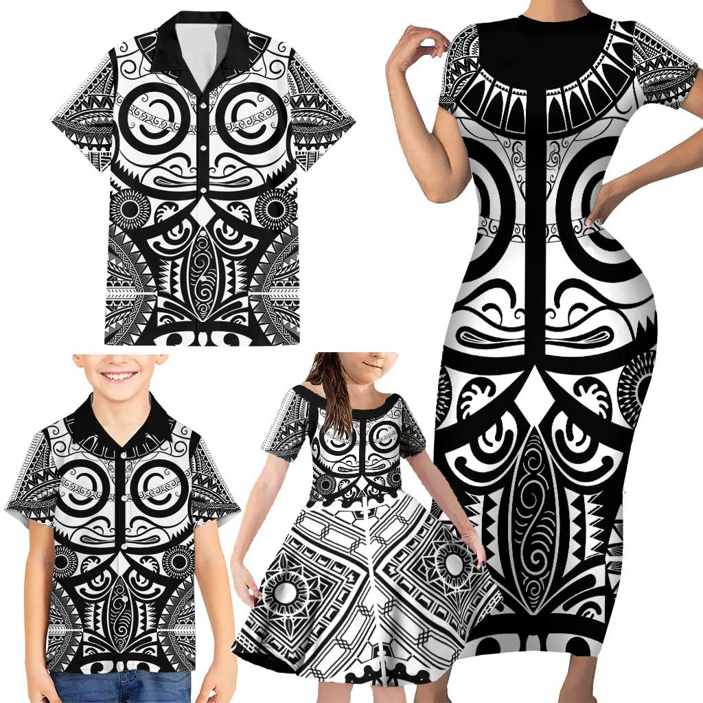 Marquesas Islands Family Matching Short Sleeve Bodycon Dress and Hawaiian Shirt Marquesan Tattoo Black White Color - Polynesian Pride