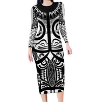 Marquesas Islands Long Sleeve Bodycon Dress Marquesan Tattoo Black White Color - Polynesian Pride