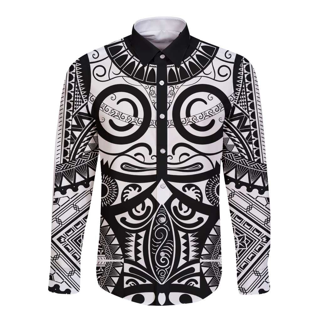 Marquesas Islands Long Sleeve Button Shirt Marquesan Tattoo Black White Color - Polynesian Pride