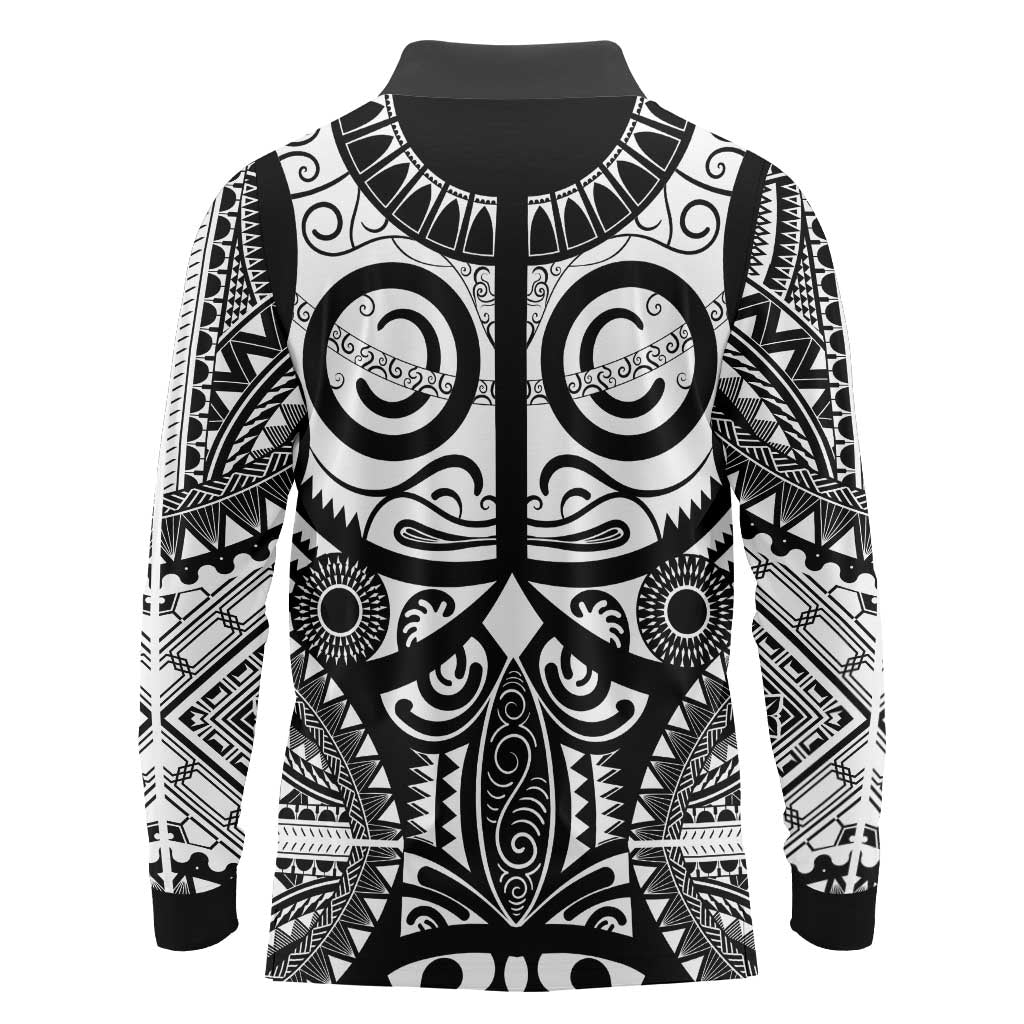 Marquesas Islands Long Sleeve Polo Shirt Marquesan Tattoo Black White Color - Polynesian Pride