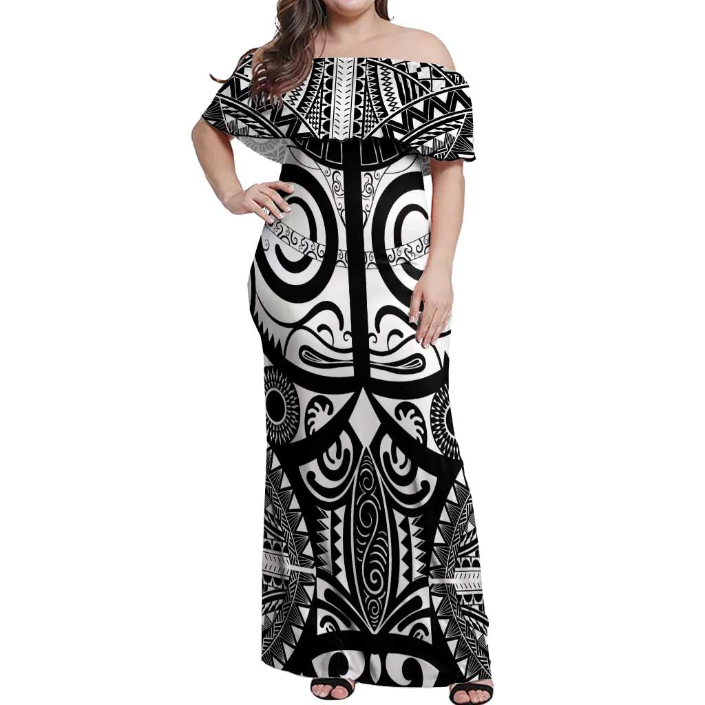 Marquesas Islands Off Shoulder Maxi Dress Marquesan Tattoo Black White Color - Polynesian Pride