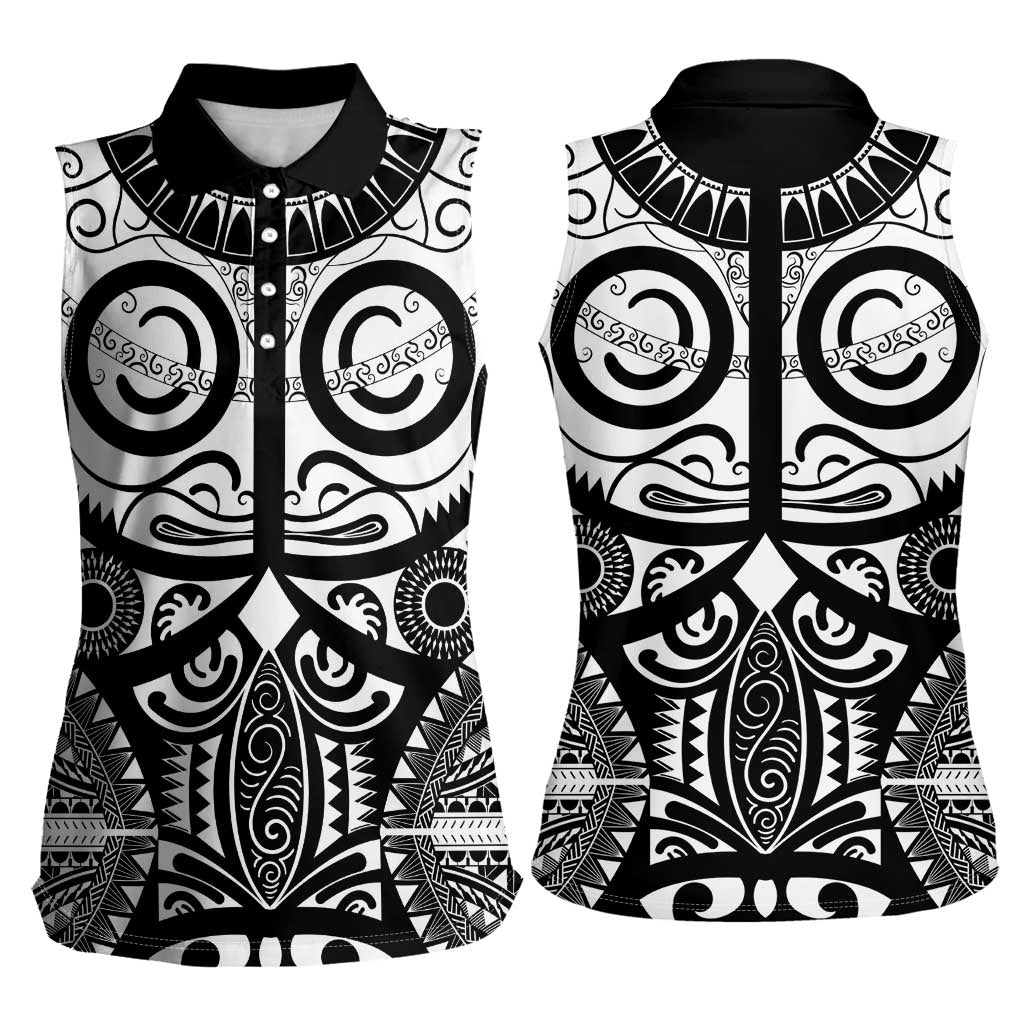 Marquesas Islands Women Sleeveless Polo Shirt Marquesan Tattoo Black White Color - Polynesian Pride