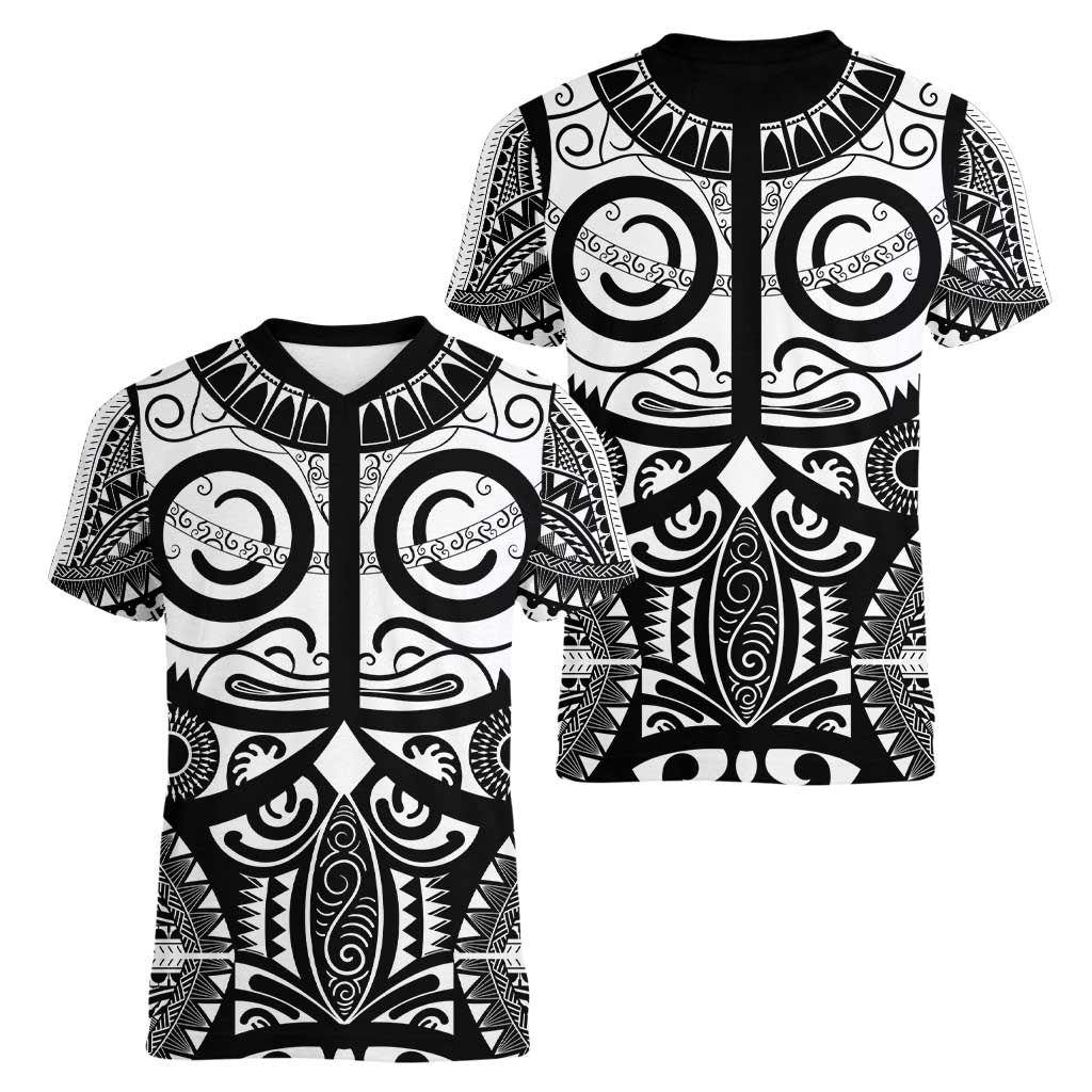 Marquesas Islands Women V-Neck T-Shirt Marquesan Tattoo Black White Color - Polynesian Pride