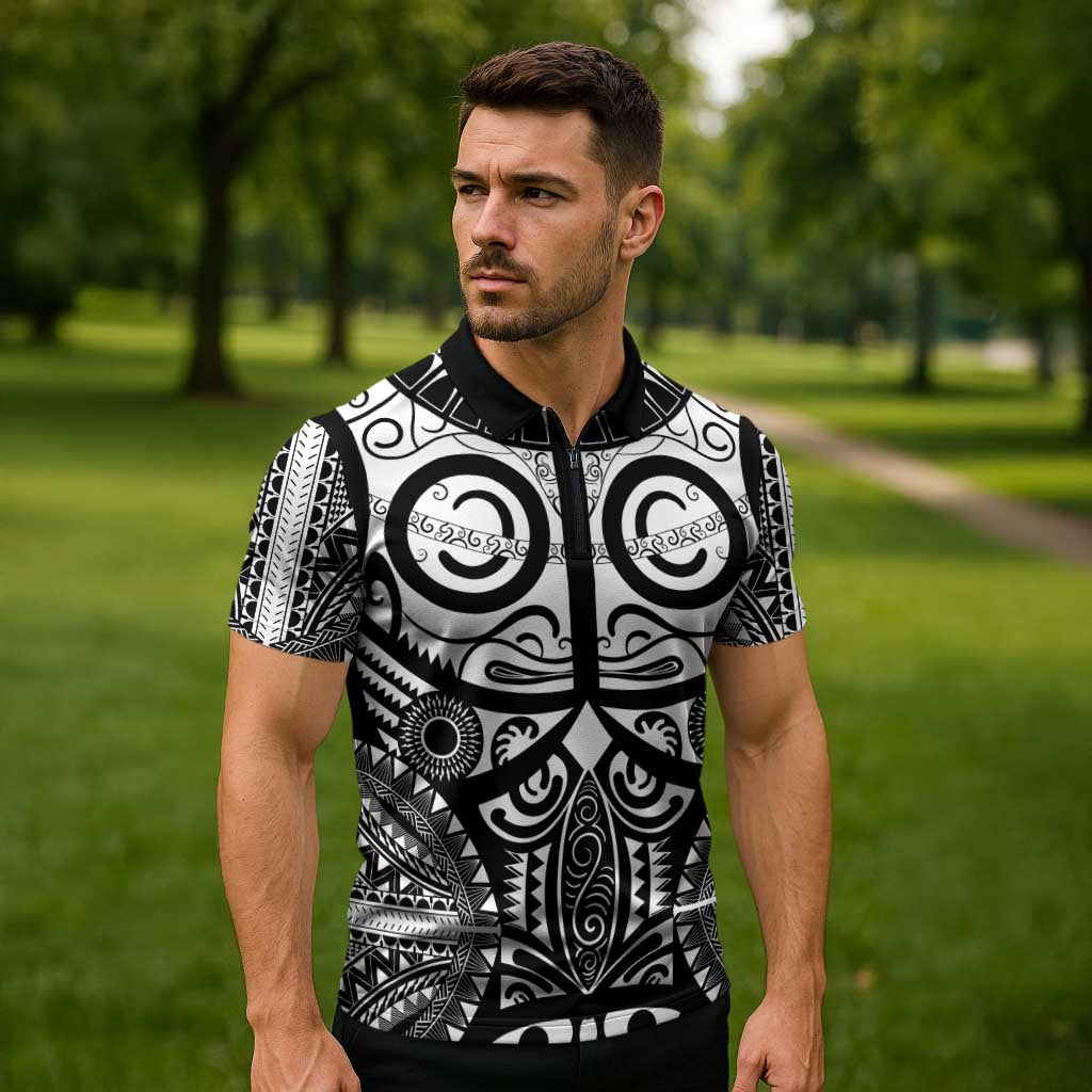 Marquesas Islands Zipper Polo Shirt Marquesan Tattoo Black White Color - Polynesian Pride