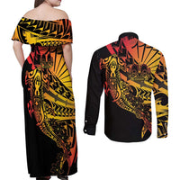 Gradient Marquesas Islands Couples Matching Off Shoulder Maxi Dress and Long Sleeve Button Shirt Marquesan Matatiki Hammerhead Shark Patutiki - Polynesian Pride