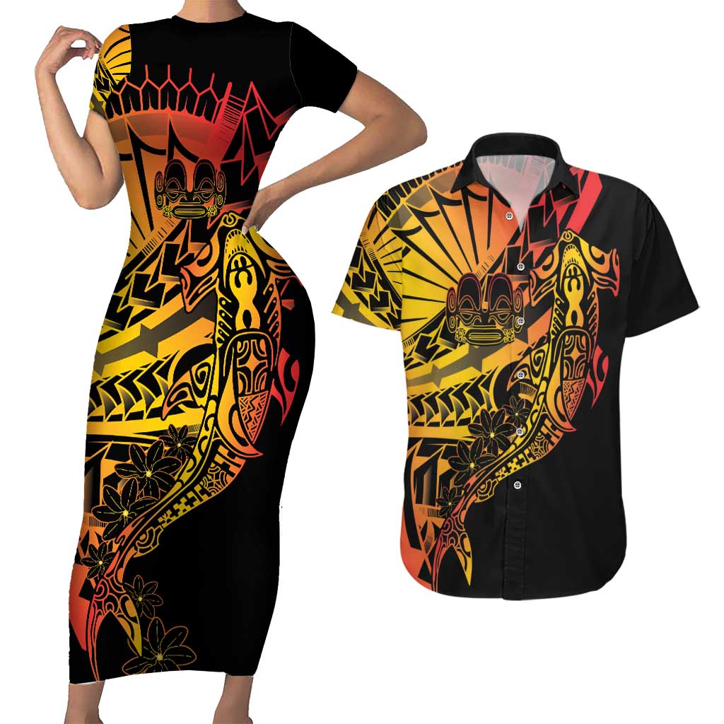 Gradient Marquesas Islands Couples Matching Short Sleeve Bodycon Dress and Hawaiian Shirt Marquesan Matatiki Hammerhead Shark Patutiki - Polynesian Pride