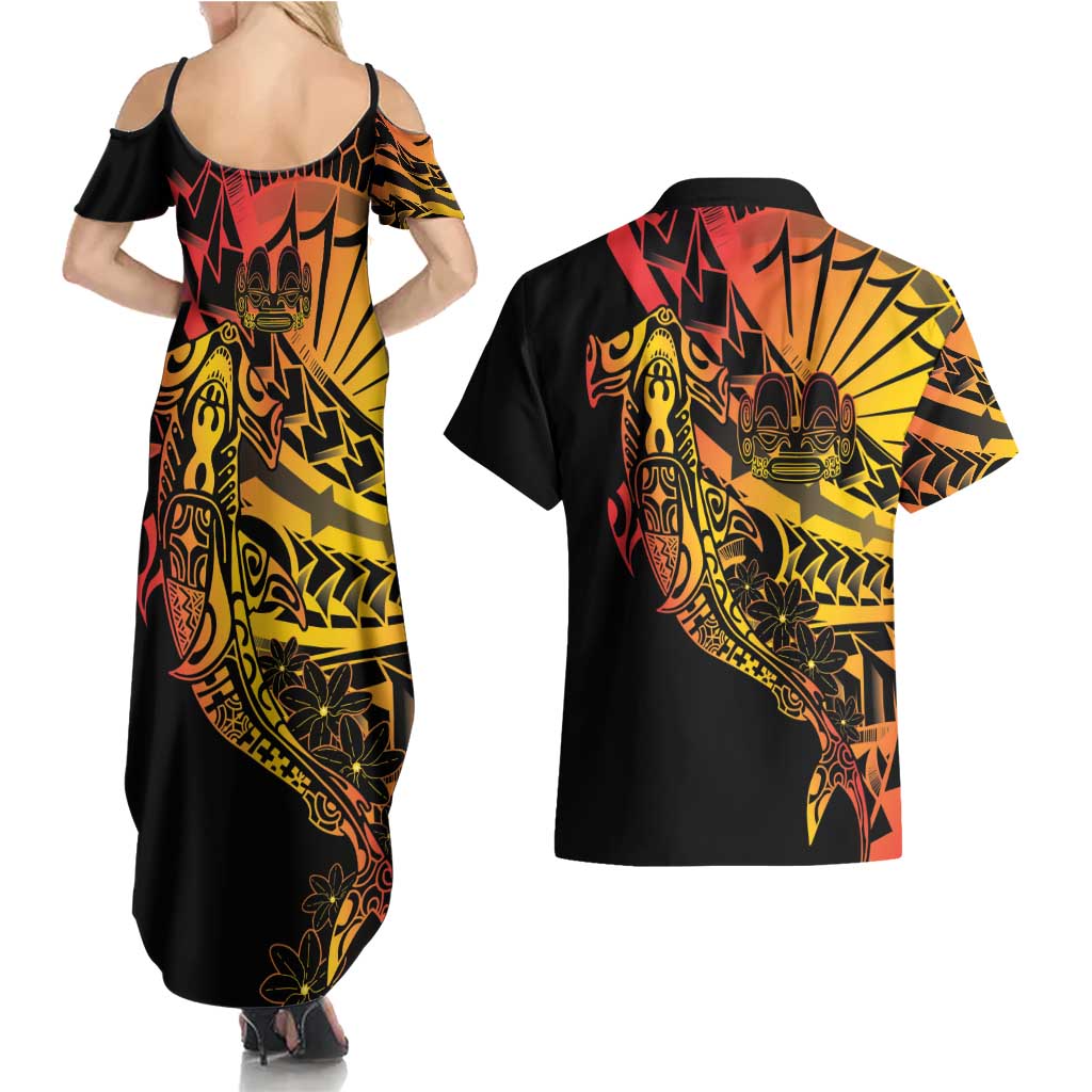 Gradient Marquesas Islands Couples Matching Summer Maxi Dress and Hawaiian Shirt Marquesan Matatiki Hammerhead Shark Patutiki - Polynesian Pride