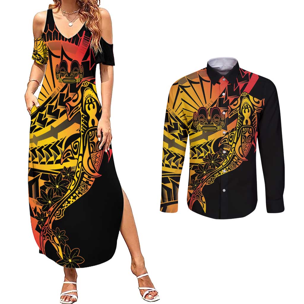 Gradient Marquesas Islands Couples Matching Summer Maxi Dress and Long Sleeve Button Shirt Marquesan Matatiki Hammerhead Shark Patutiki - Polynesian Pride