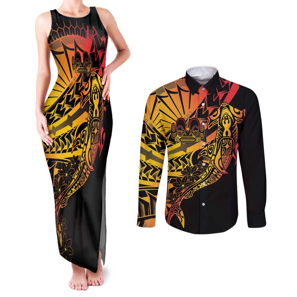 Gradient Marquesas Islands Couples Matching Tank Maxi Dress and Long Sleeve Button Shirt Marquesan Matatiki Hammerhead Shark Patutiki - Polynesian Pride