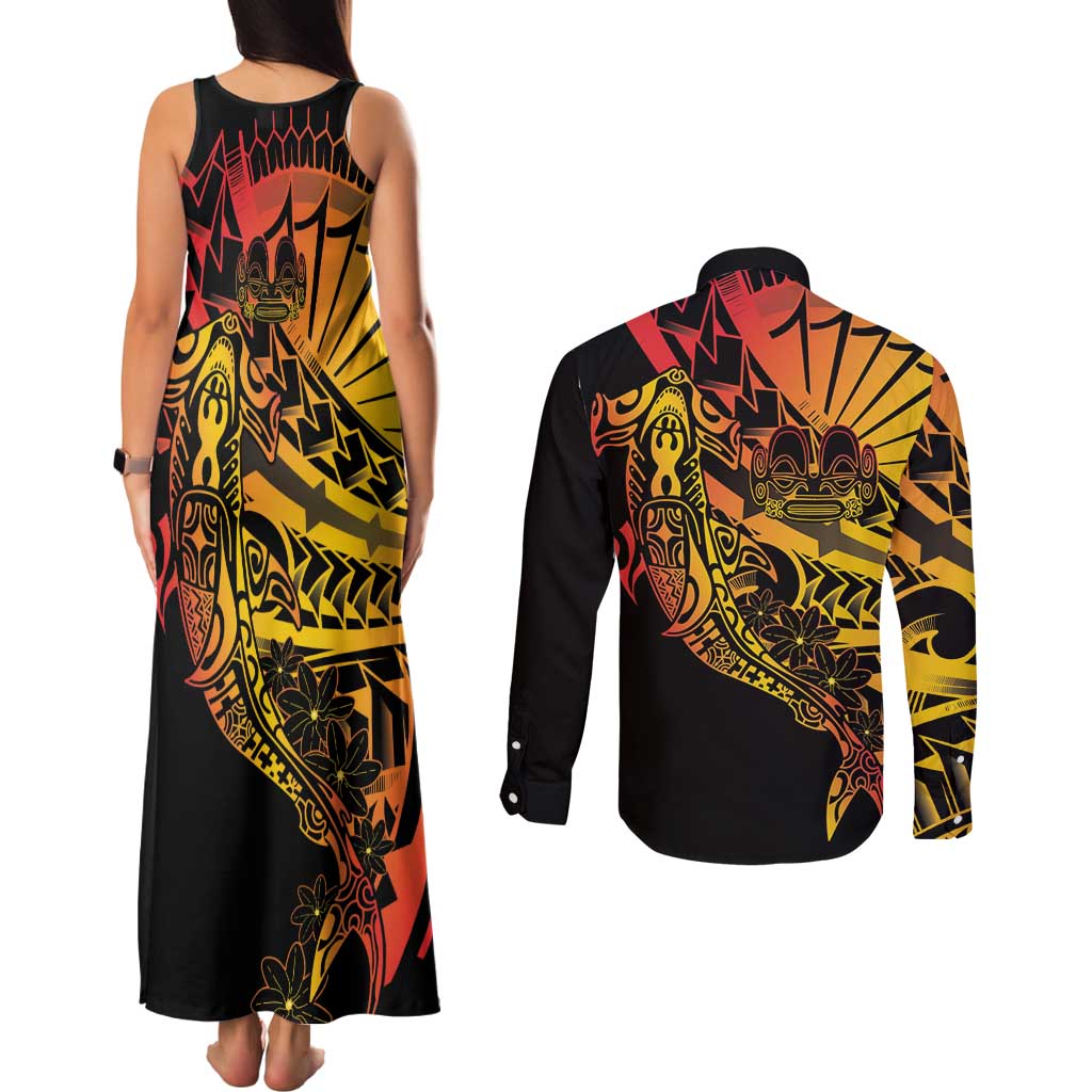 Gradient Marquesas Islands Couples Matching Tank Maxi Dress and Long Sleeve Button Shirt Marquesan Matatiki Hammerhead Shark Patutiki - Polynesian Pride