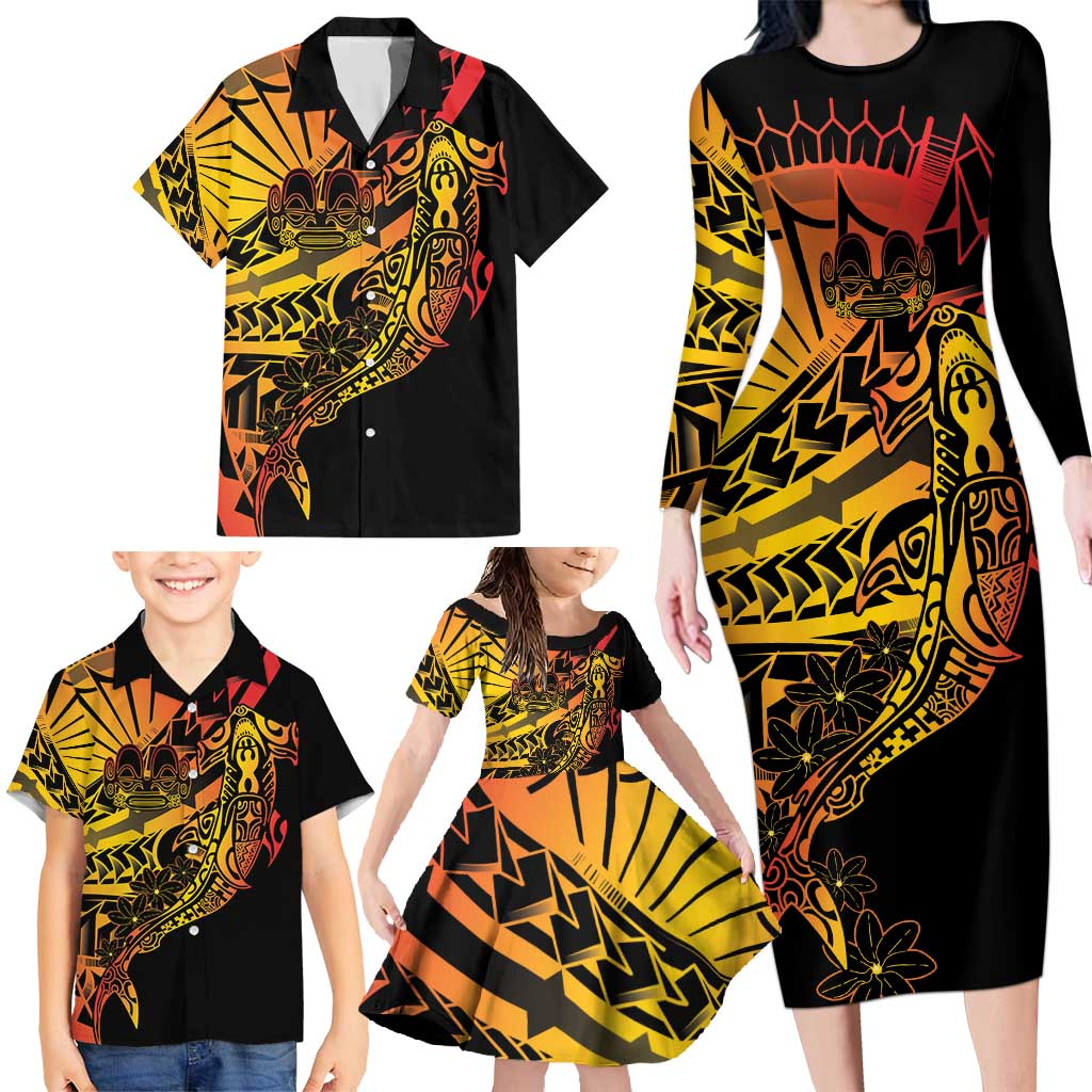 Gradient Marquesas Islands Family Matching Long Sleeve Bodycon Dress and Hawaiian Shirt Marquesan Matatiki Hammerhead Shark Patutiki - Polynesian Pride