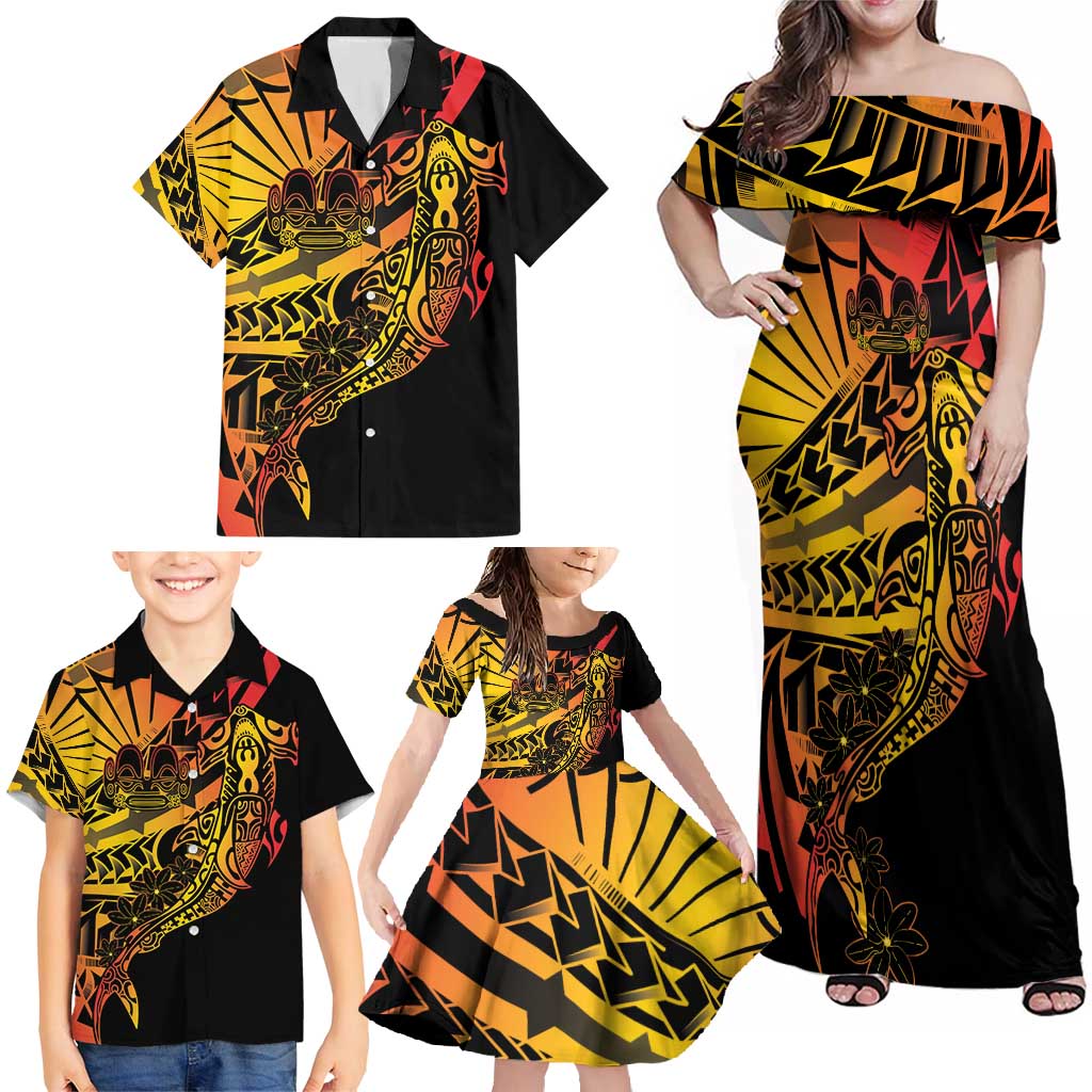 Gradient Marquesas Islands Family Matching Off Shoulder Maxi Dress and Hawaiian Shirt Marquesan Matatiki Hammerhead Shark Patutiki - Polynesian Pride