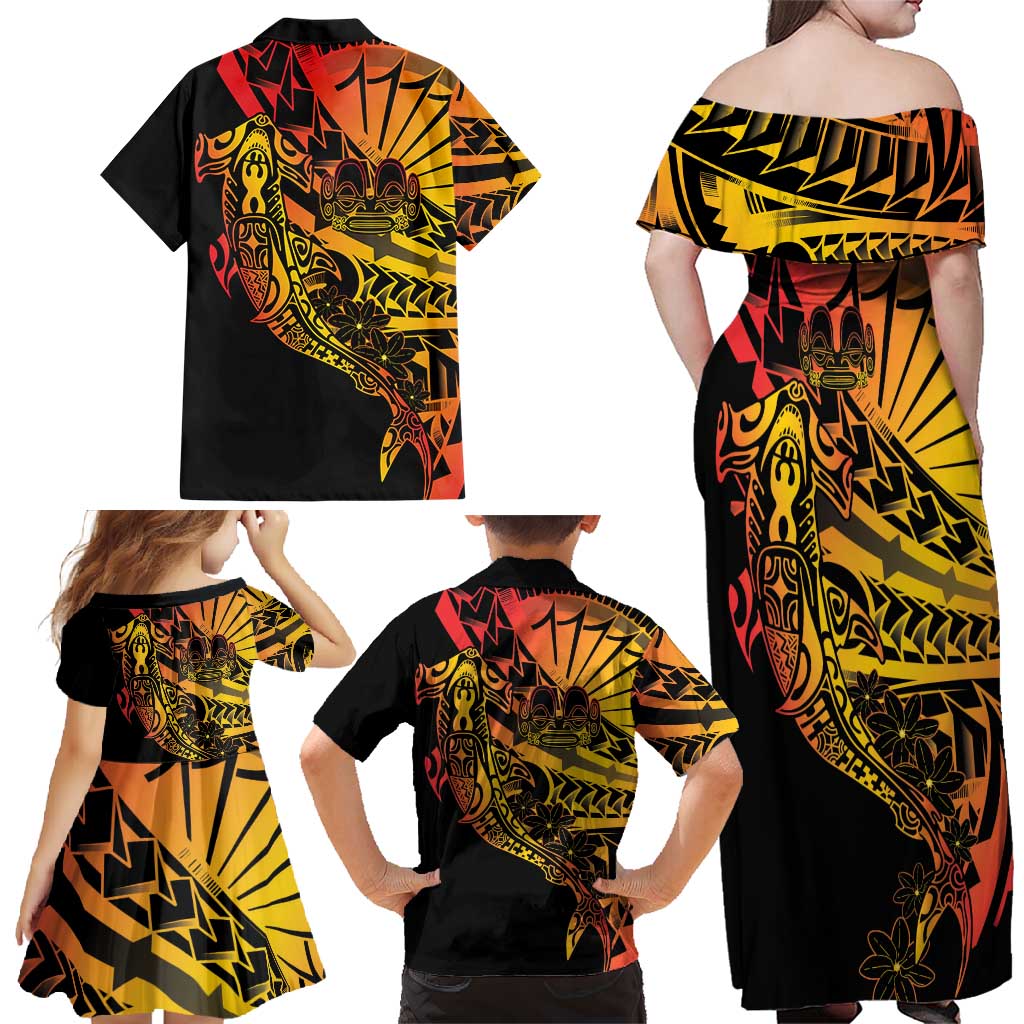 Gradient Marquesas Islands Family Matching Off Shoulder Maxi Dress and Hawaiian Shirt Marquesan Matatiki Hammerhead Shark Patutiki - Polynesian Pride