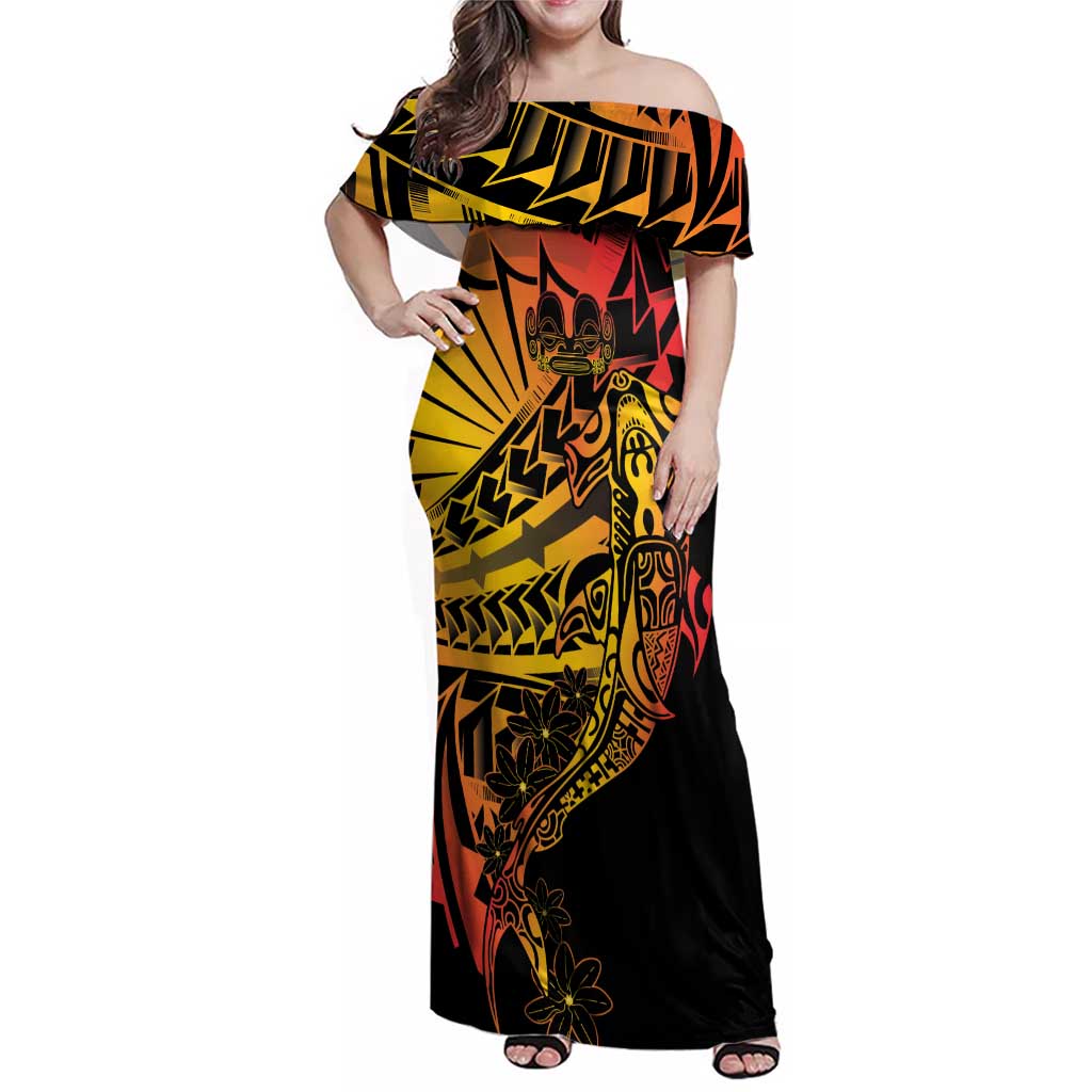 Gradient Marquesas Islands Family Matching Off Shoulder Maxi Dress and Hawaiian Shirt Marquesan Matatiki Hammerhead Shark Patutiki - Polynesian Pride