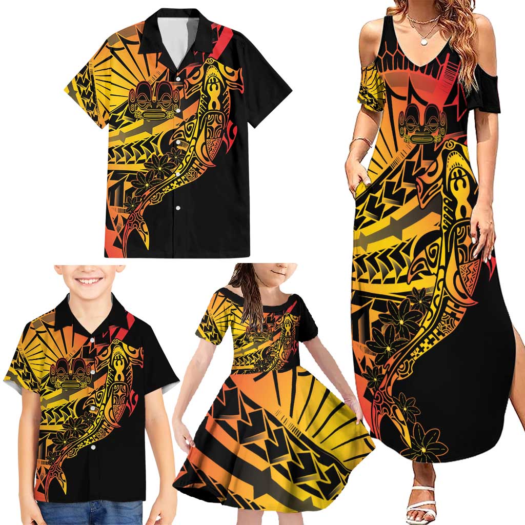 Gradient Marquesas Islands Family Matching Summer Maxi Dress and Hawaiian Shirt Marquesan Matatiki Hammerhead Shark Patutiki - Polynesian Pride